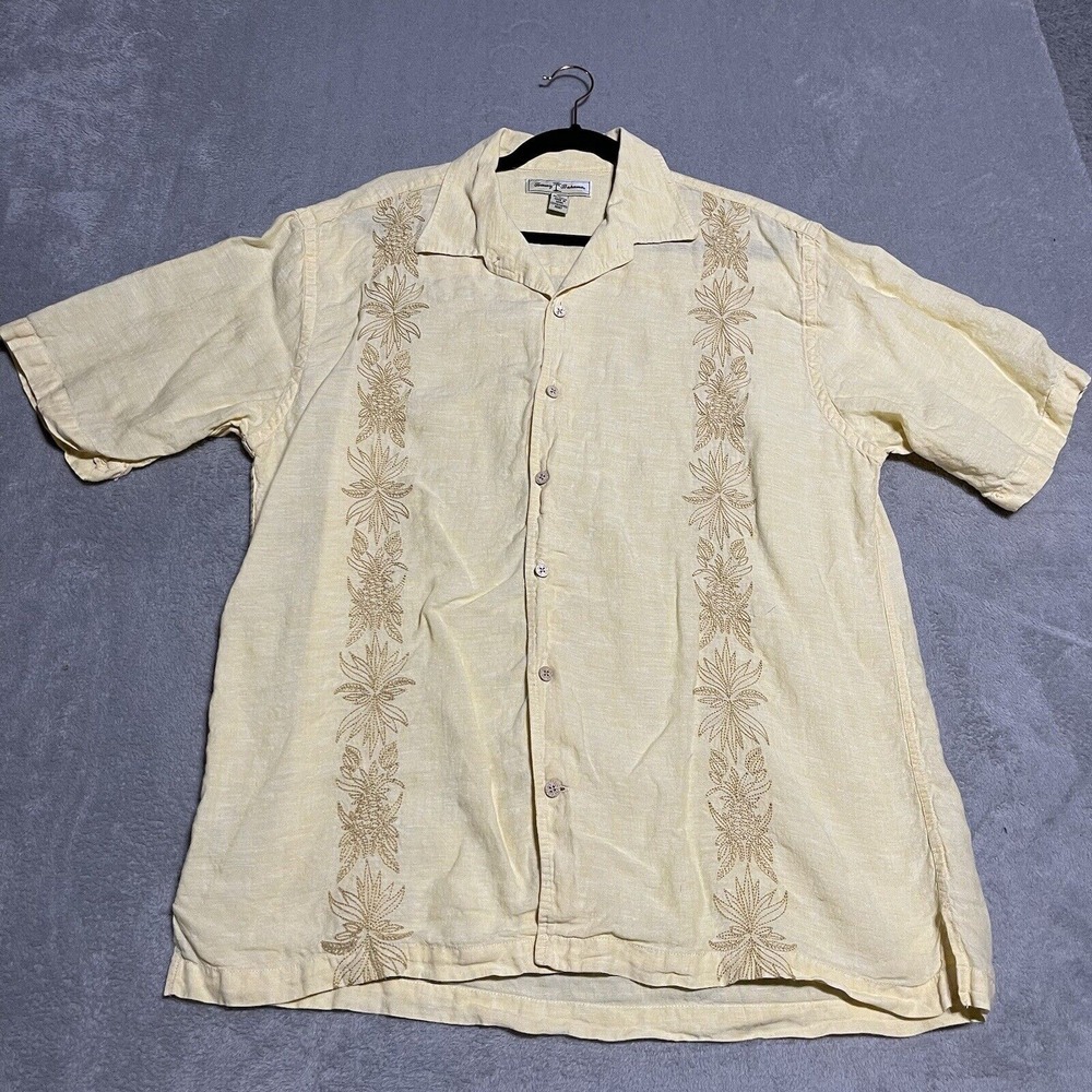 Tommy Bahama Shirt Mens XL Yellow Short Sleeve Embroidered Linen Button Up Beach